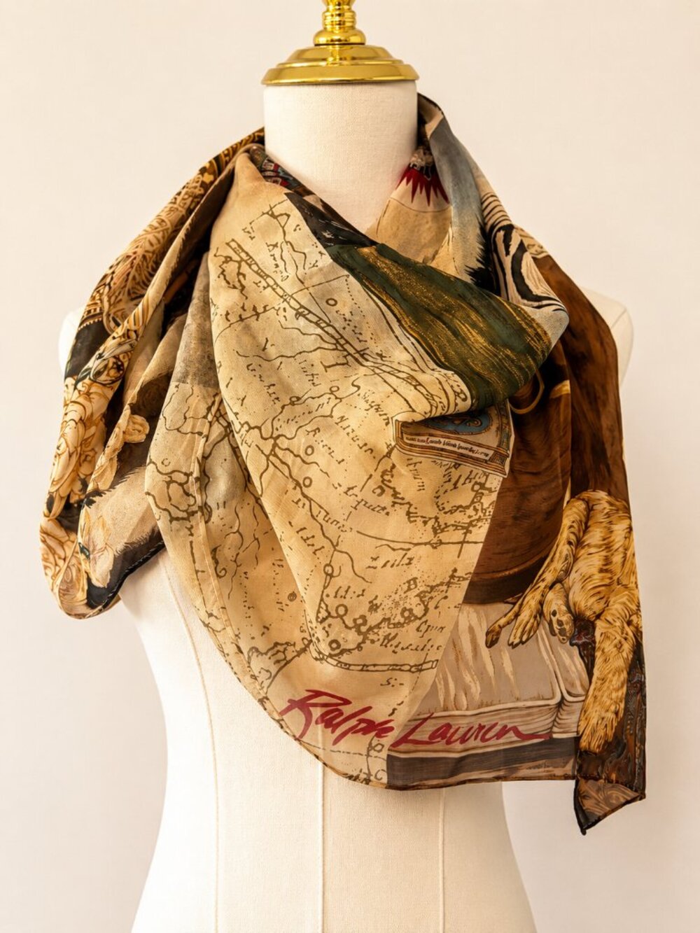 Vintage Ralph Lauren Safari Silk Scarf Lodge Travel Collage British India Africa